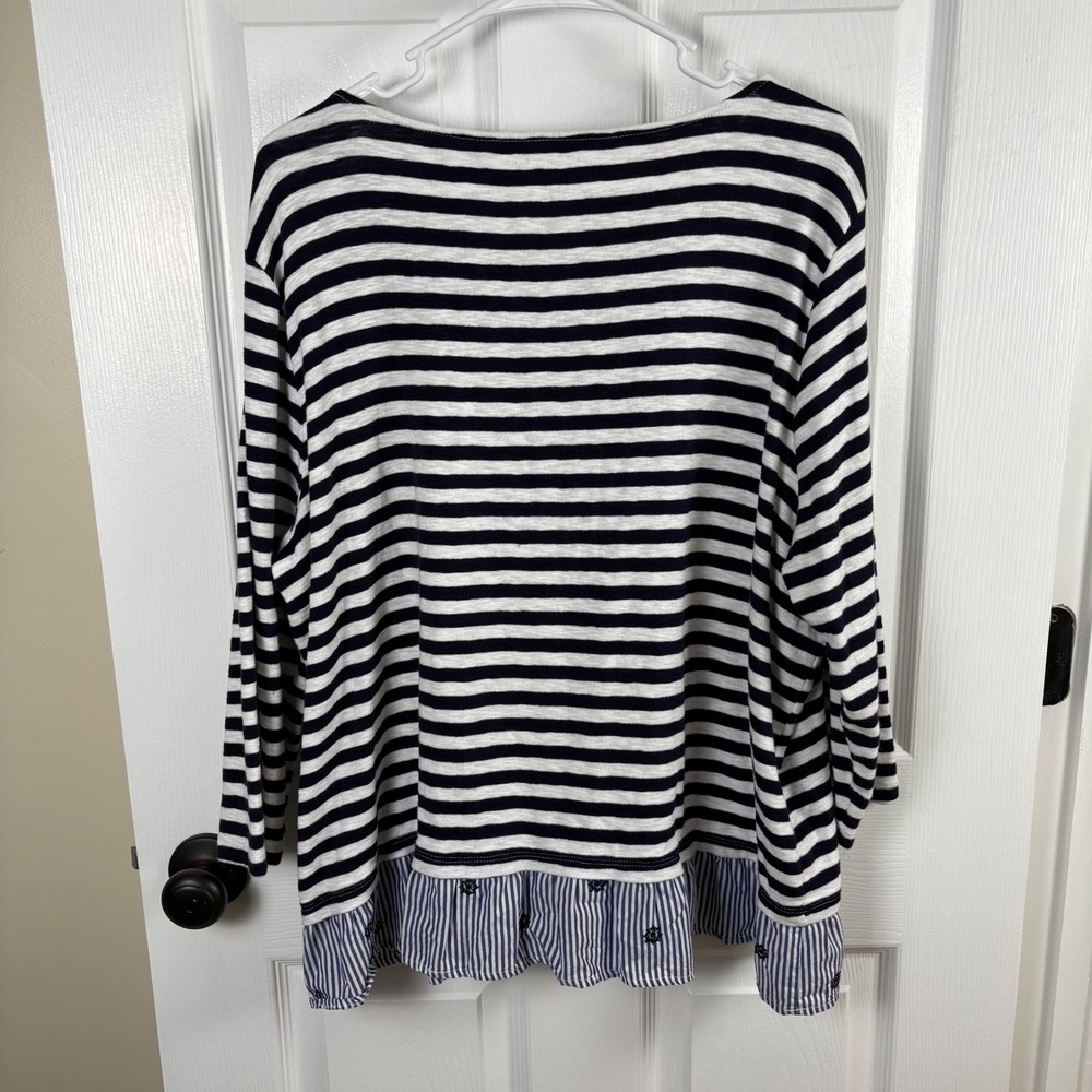 Talbots Navy White Striped Top Womens 2X Ruffle Hem Nautical Coastal Preppy - Picture 6 of 6
